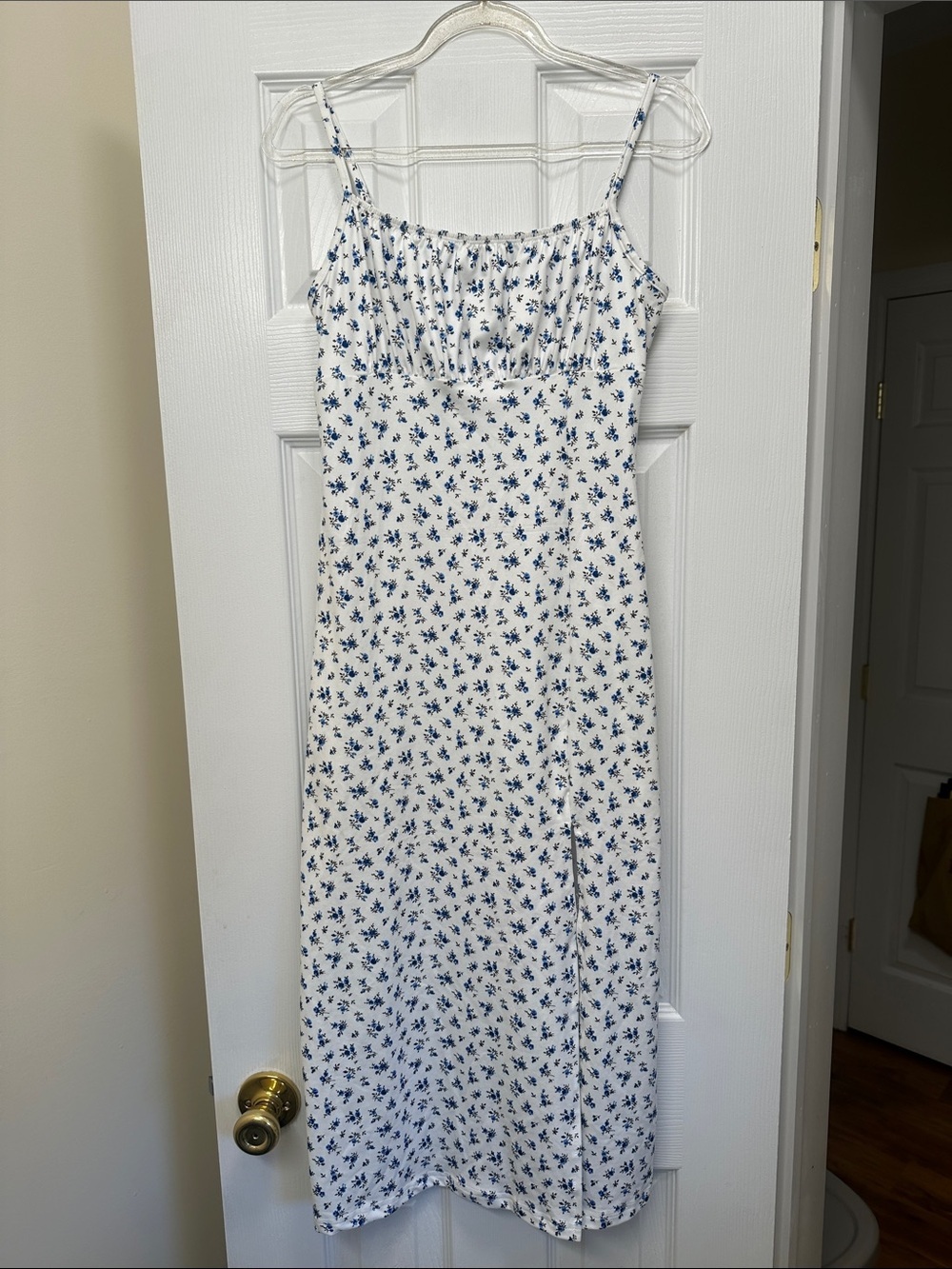 White & Blue Floral Spaghetti Strap Midi Dress